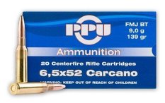 PPU 6,5x52 Carcano FMJ BT 9g/139GR náboj kulový  20 ks v balení.