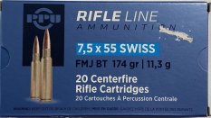 PPU 7,5×55 Swiss FMJ BT 11,3 g/174 gr náboj guľový, 20 ks