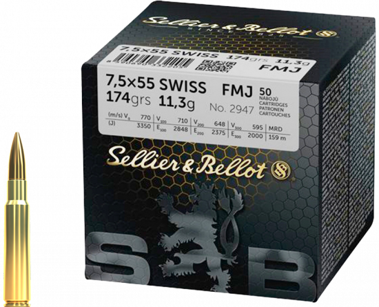 SB 7,5x55 SWISS FMJ 174Grs./11,3 g nánoj kulový