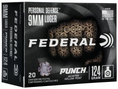 Obranné strelivo Federal Punch 9 mm Luger so strelou JHP 124 gr. Strelivo kategórie A1 – predaj len držiteľom ZP s výnimkou na A1 strelivo.